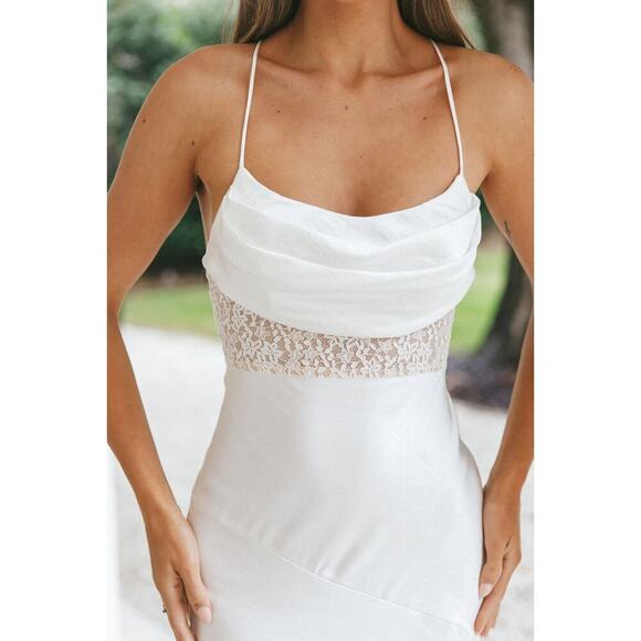 NEW! Selfie Leslie Golden Era Satin Lace Cowl Neck Midi White Dress L st3125b01 - Picture 2 of 9